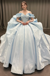 Exquisite Baby Blue Satin Quinceanera Dress Off-Shoulder Beaded Ball Gown with Sequins & Bow Detail for Sweet 16 & Birthday Parties